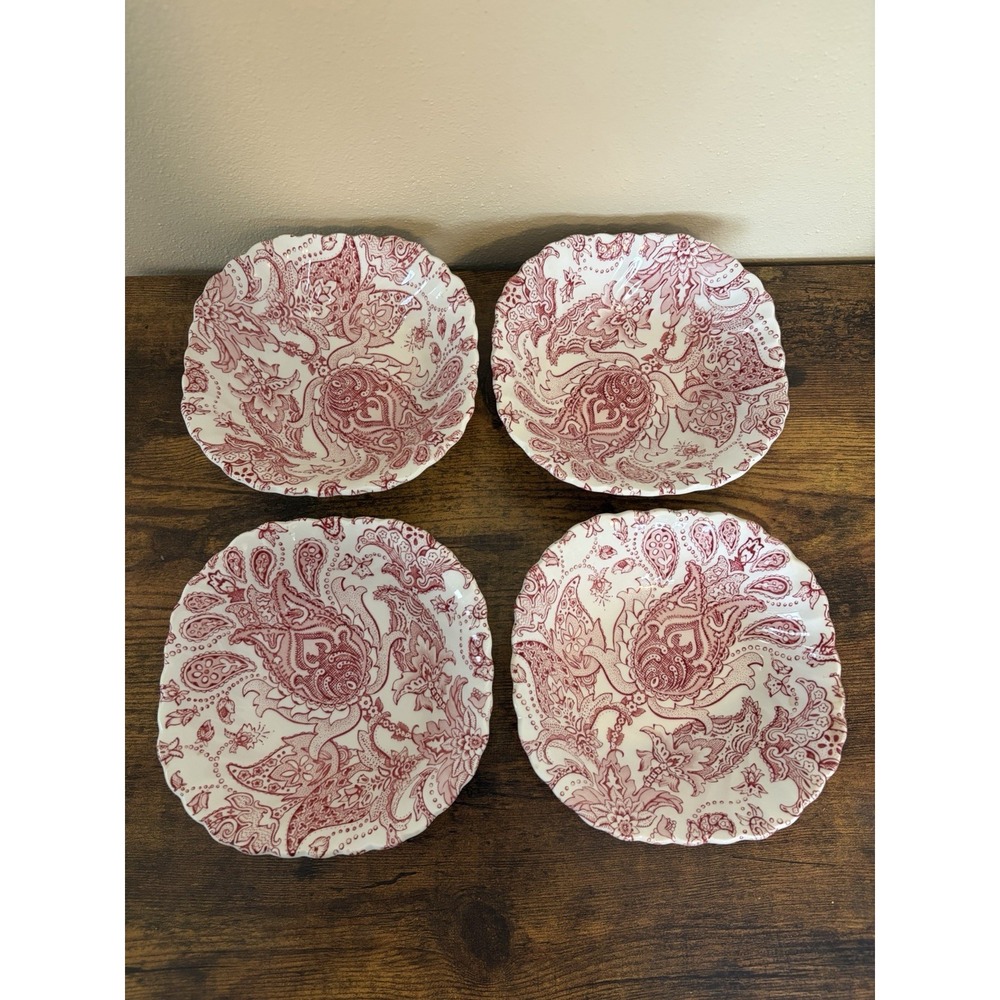 Johnson Brothers Red Paisley Ironstone Square Cereal Bowls Set of 4 England